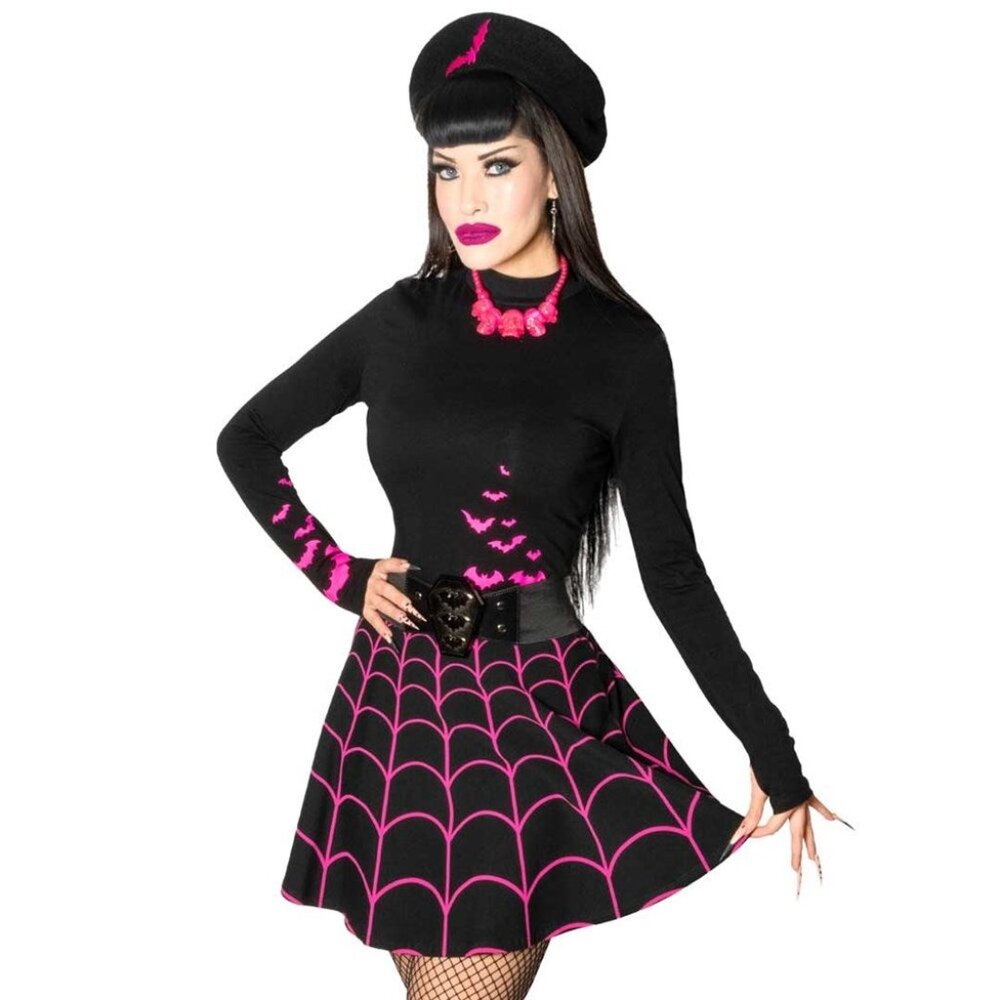 Black Pink Flocked Bats Long Sleeve Top Thumb Holes S-M-L-XL-2XL-3XL - Picture 3 of 4